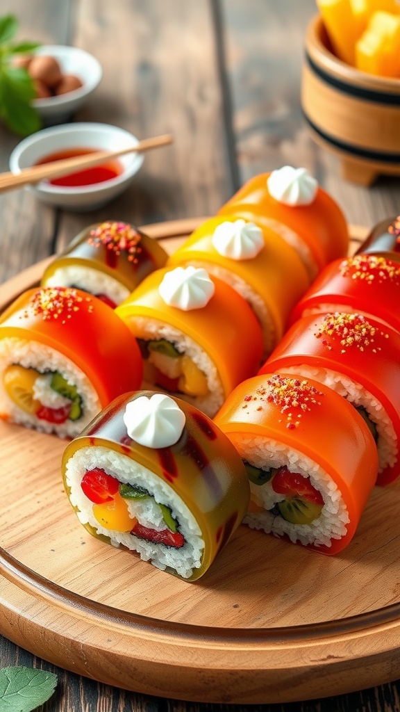 Colorful sushi jellycat rolls with fruit inside, garnished with cream and glitter, on a rustic wooden platter.